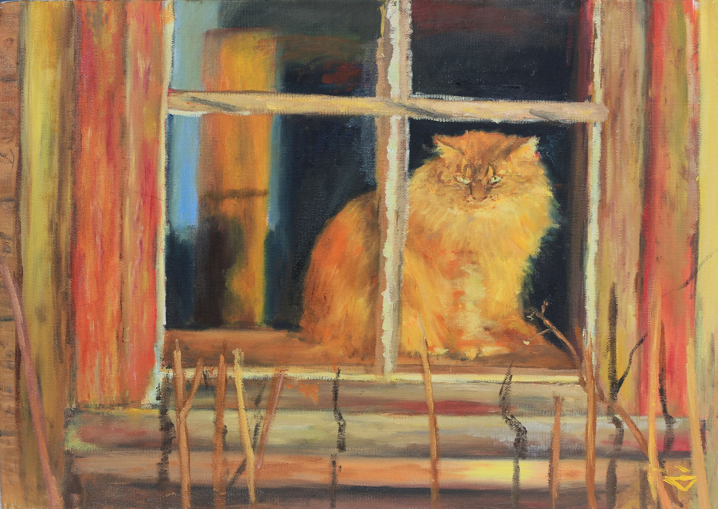 Картина маслом котик в деревенском окне