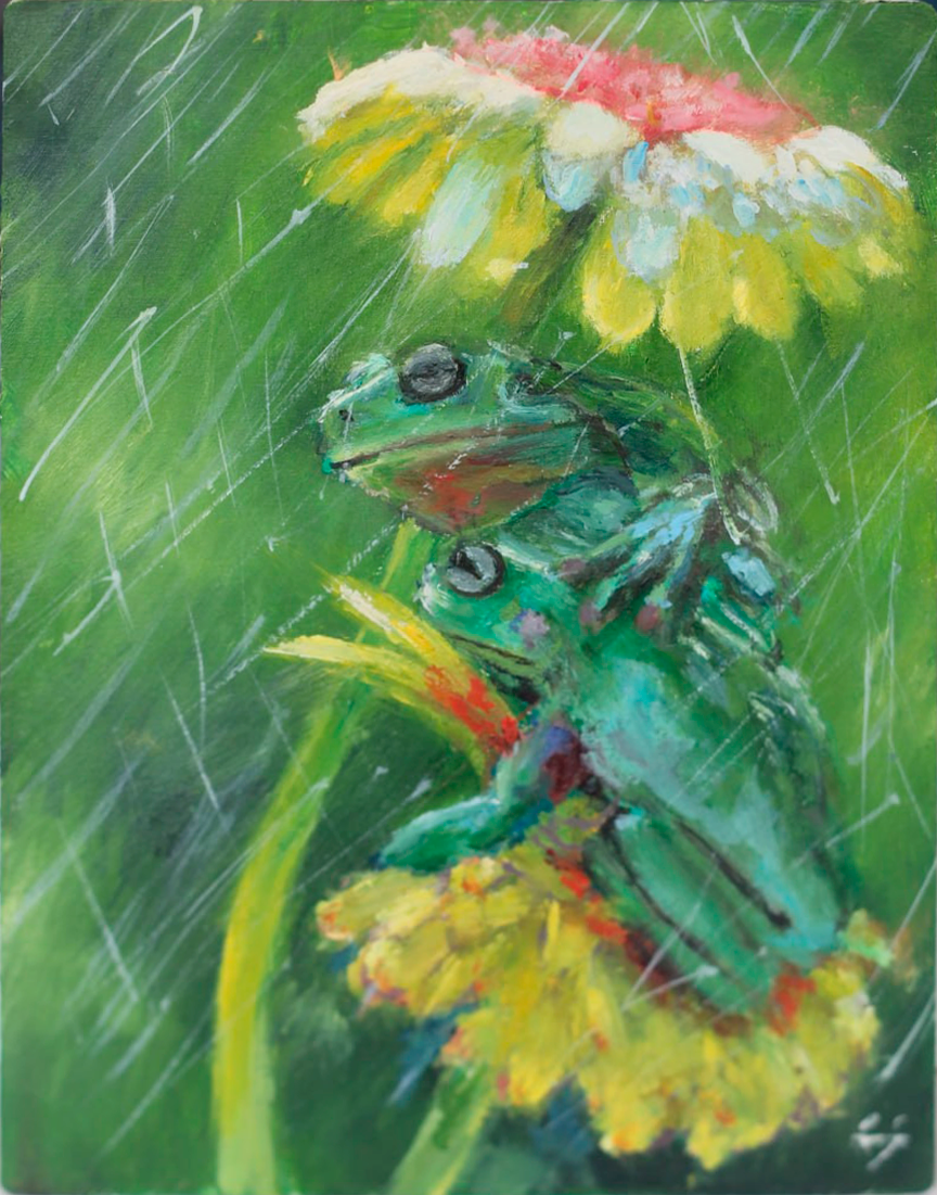 Картина: две лягушки сидят под крупным белым цветком ромашки в дождливый день. Изображение передаёт атмосферу спокойного, терпеливого ожидания и уюта.